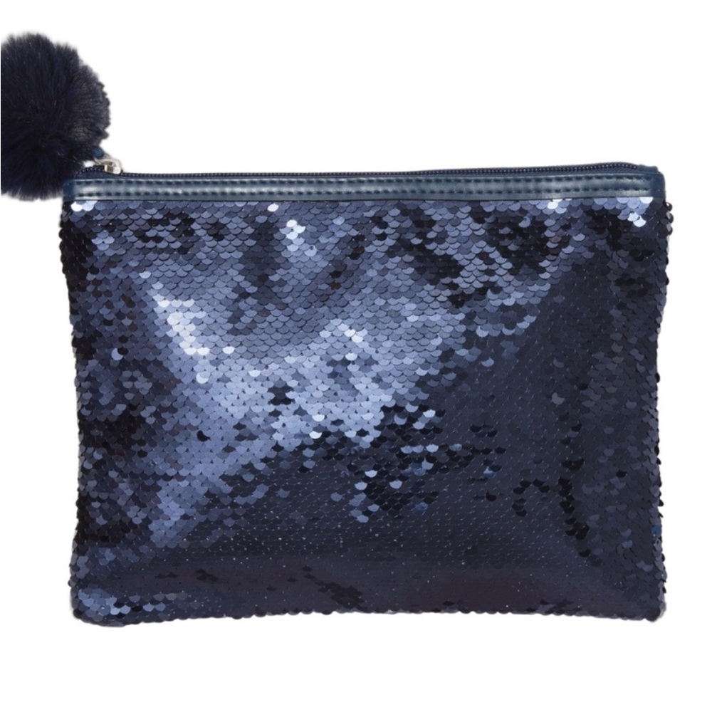 Navy Sequin Makeup Pouch with Pompom